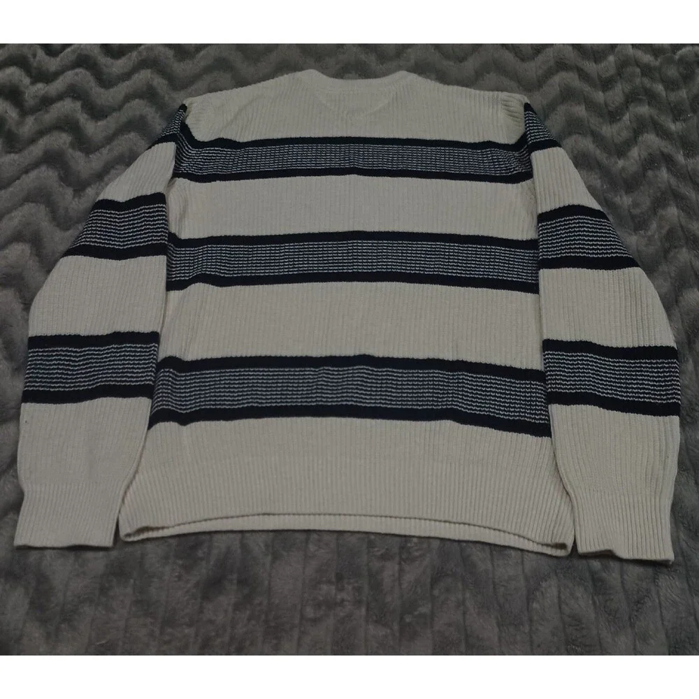Tommy Hilfiger Mens Size L Beige Blue Stripe 100% Cotton Sweater